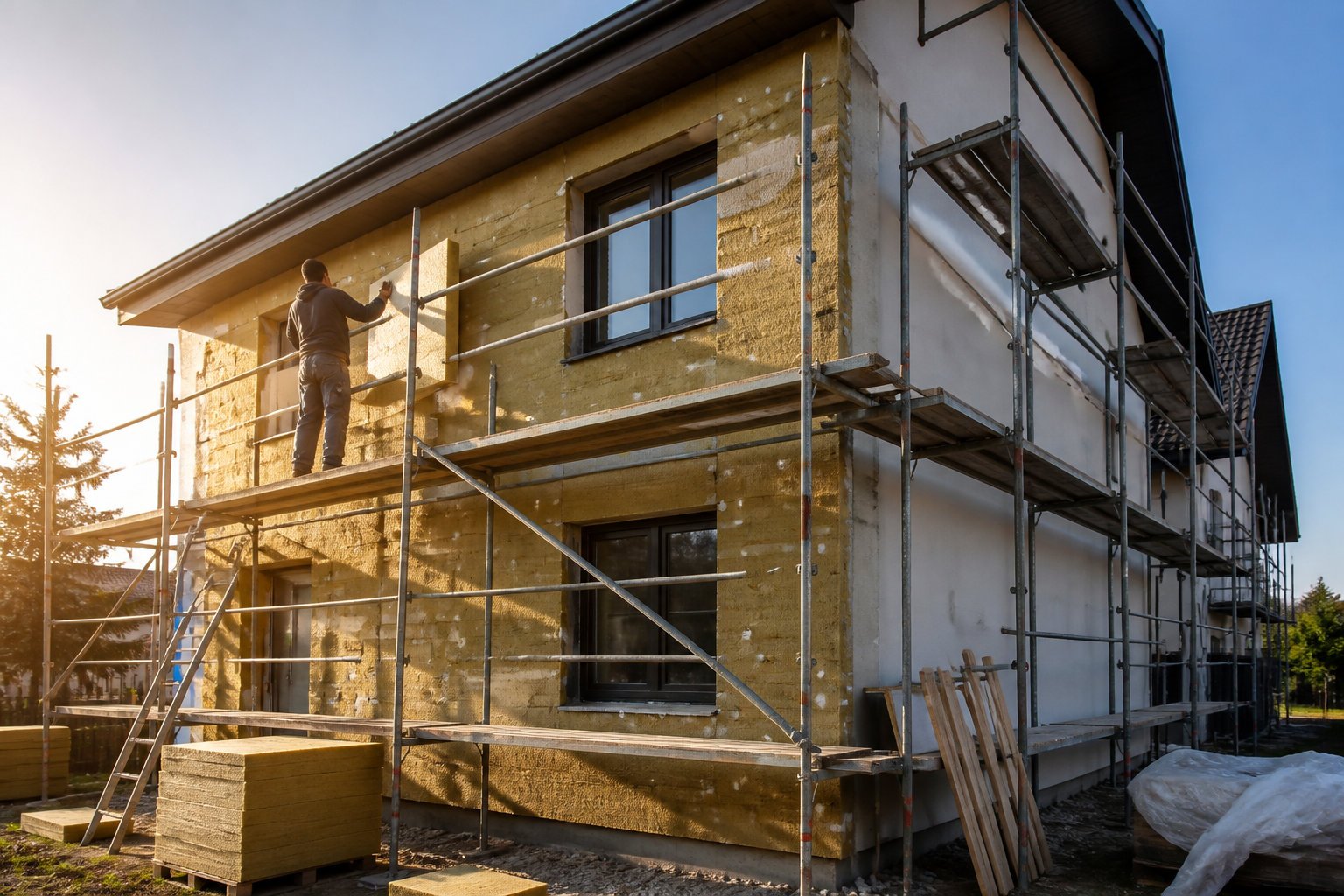 Exterior house insulation installation