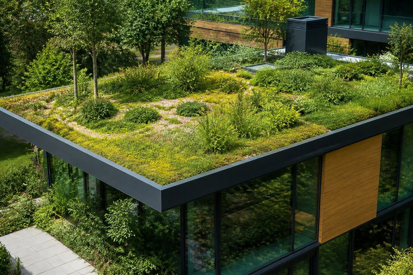 Toiture végétalisée sur un bâtiment moderne